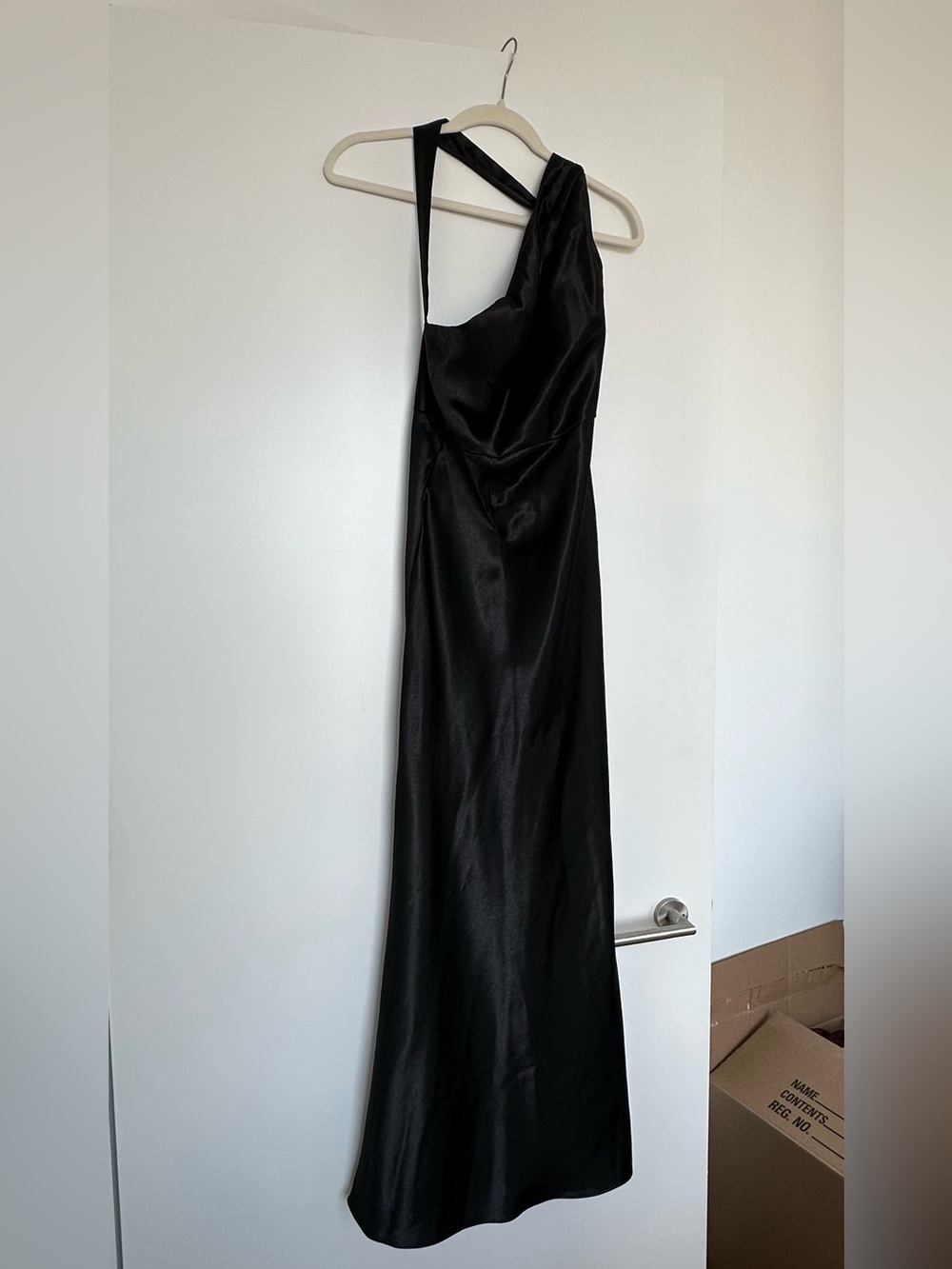 Jenny Yoo Lena Black One-Shoulder Satin Gown